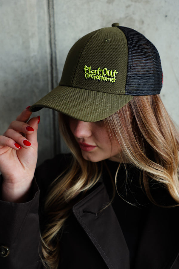 Khaki baseball cap with flat out or go home text and adjustable back closure