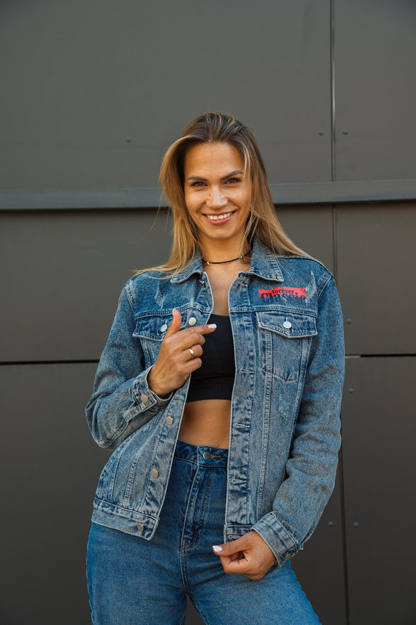 Blue unisex denim jacket Forever Classic with logo on front and back, with buttons and pockets