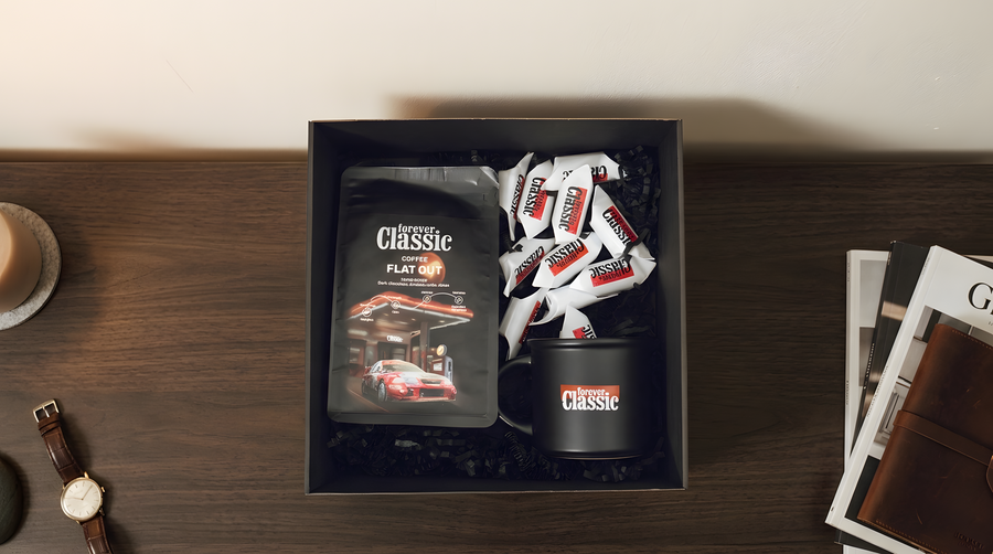 Forever Classic coffee gift set with Flat Out Arabica beans, branded mug and sweets in a black box