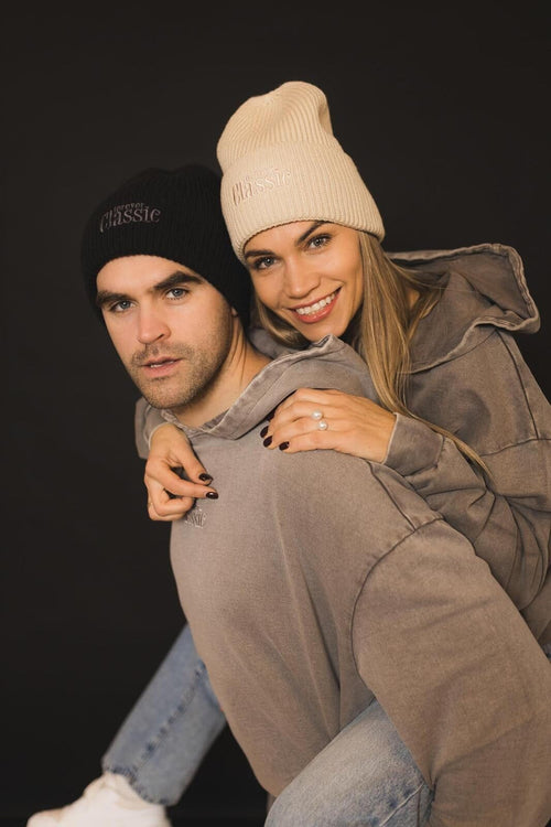 Forever Classic beige winter beanie in soft polyester and acrylic, universal stretchy design