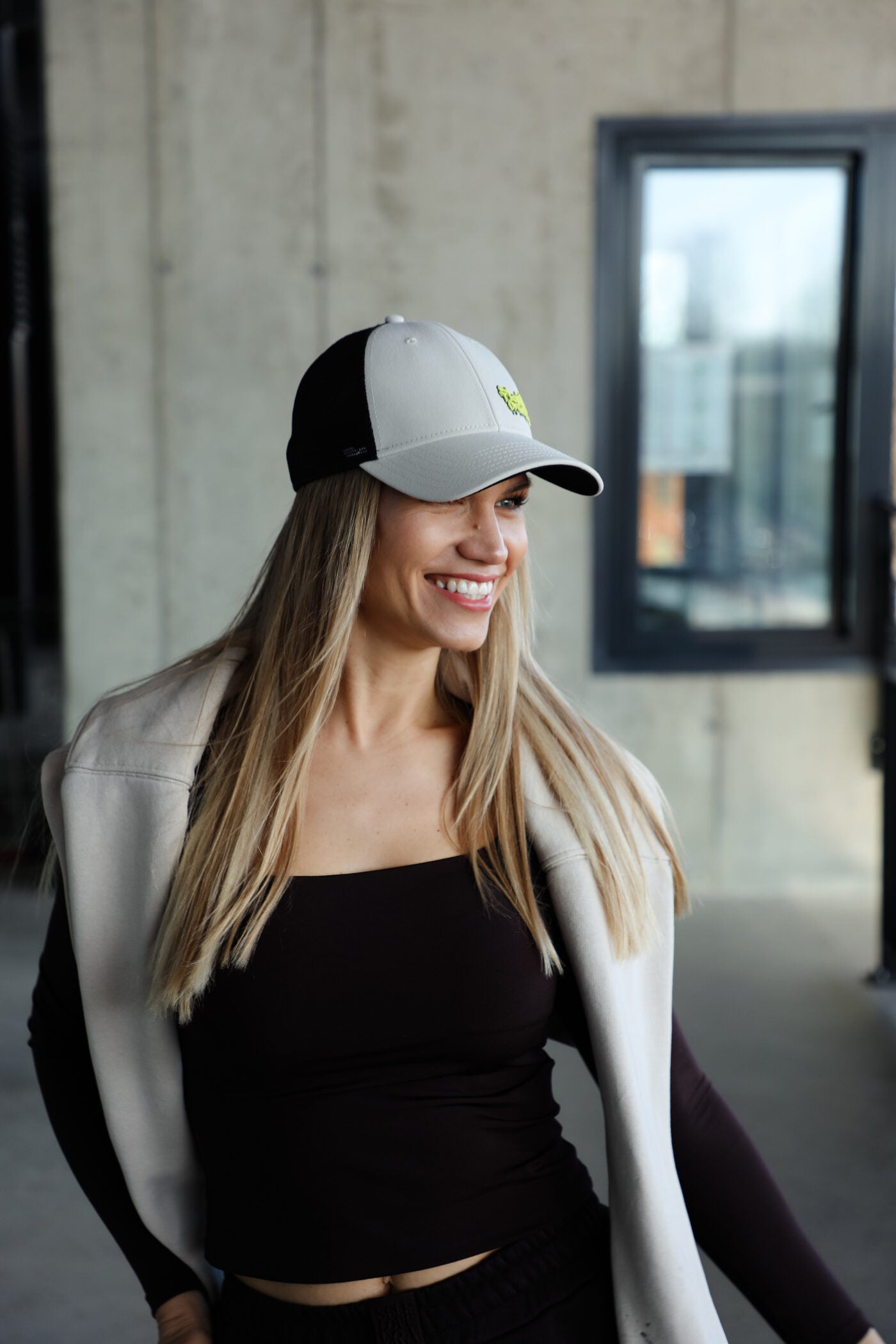 Beige Forever Classic baseball cap with flat out or go home text and adjustable back closure