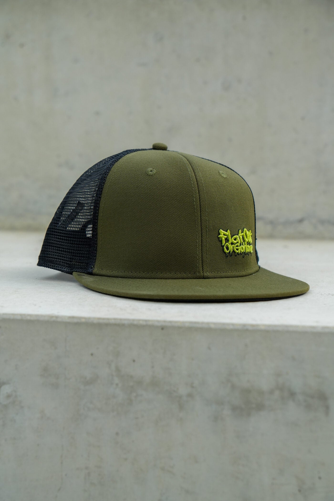 Forever Classic khaki snapback cap with flat brim and mesh back