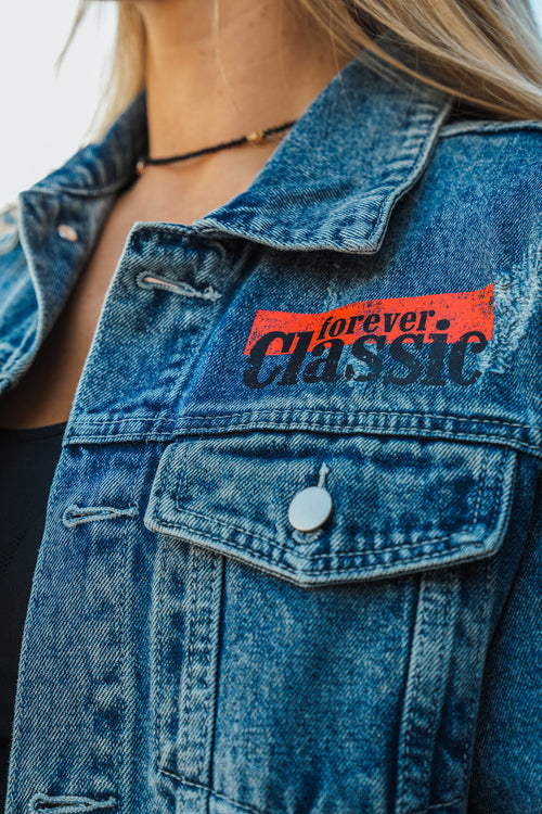 Blue unisex denim jacket Forever Classic with logo on front and back, with buttons and pockets