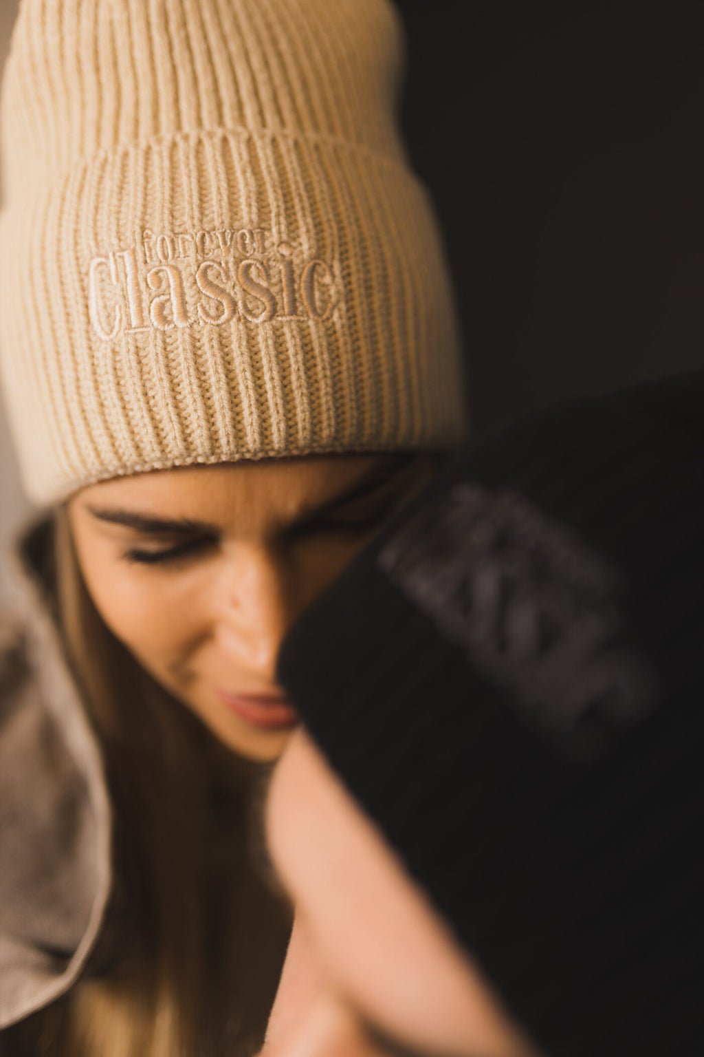 Forever Classic beige winter beanie in soft polyester and acrylic, universal stretchy design