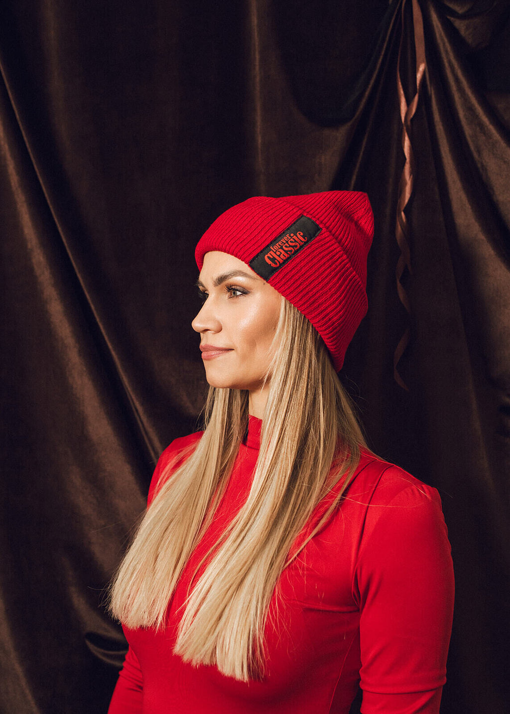 Forever Classic red beanie with embroidered logo, double-layer ribbed knit from recycled polyester