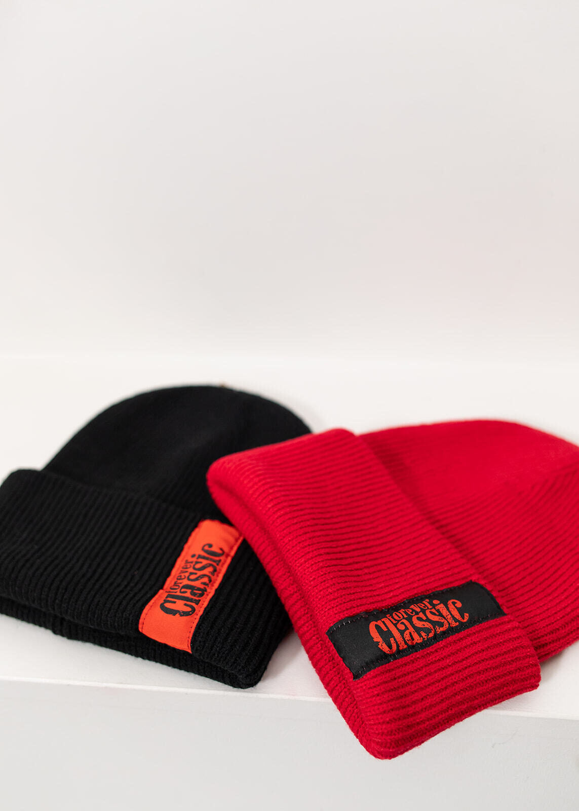 Forever Classic red beanie with embroidered logo, double-layer ribbed knit from recycled polyester