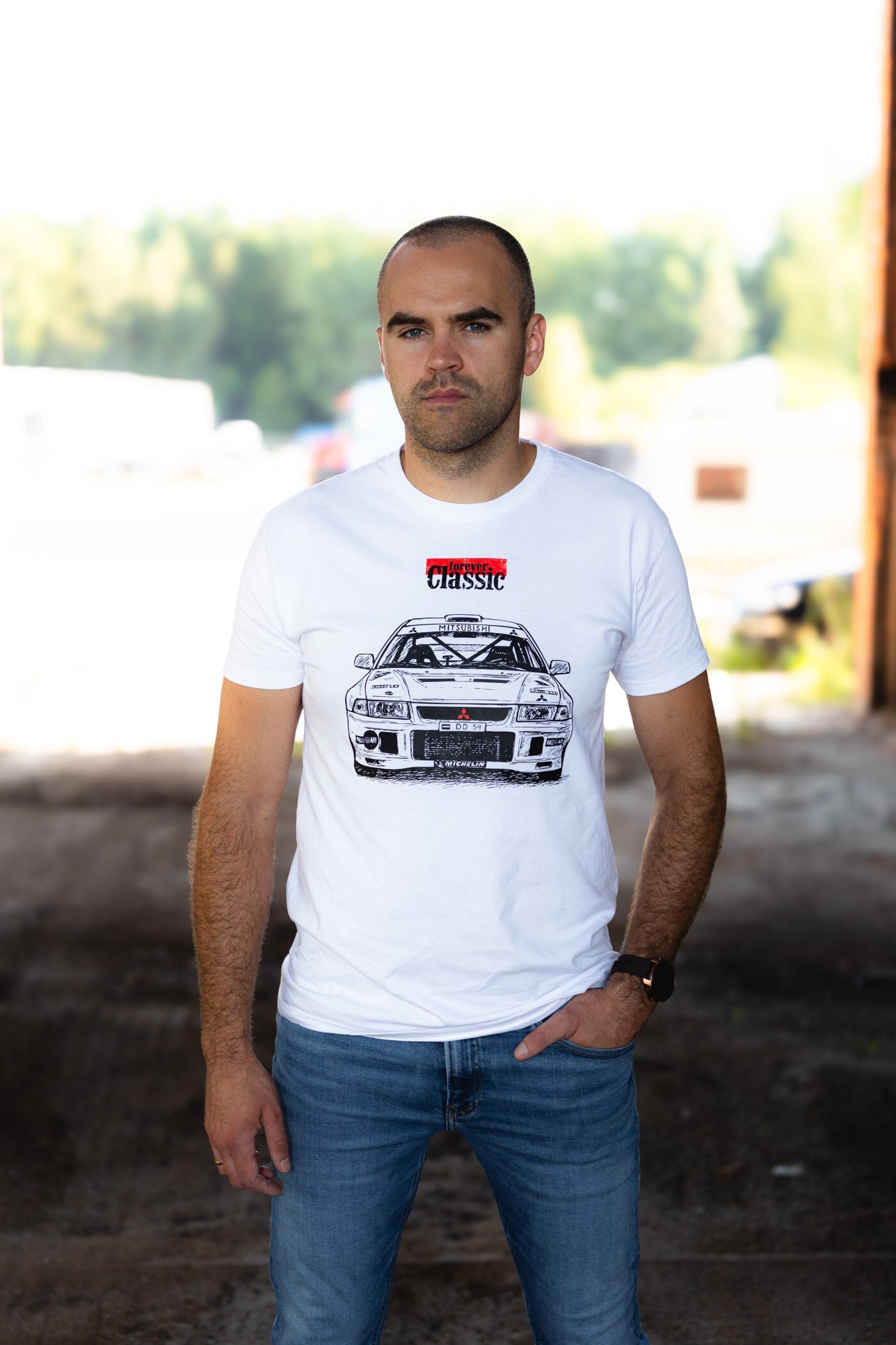 Forever Classic T-shirt with Mitsubishi Evolution rally car design and contrasting motion lines