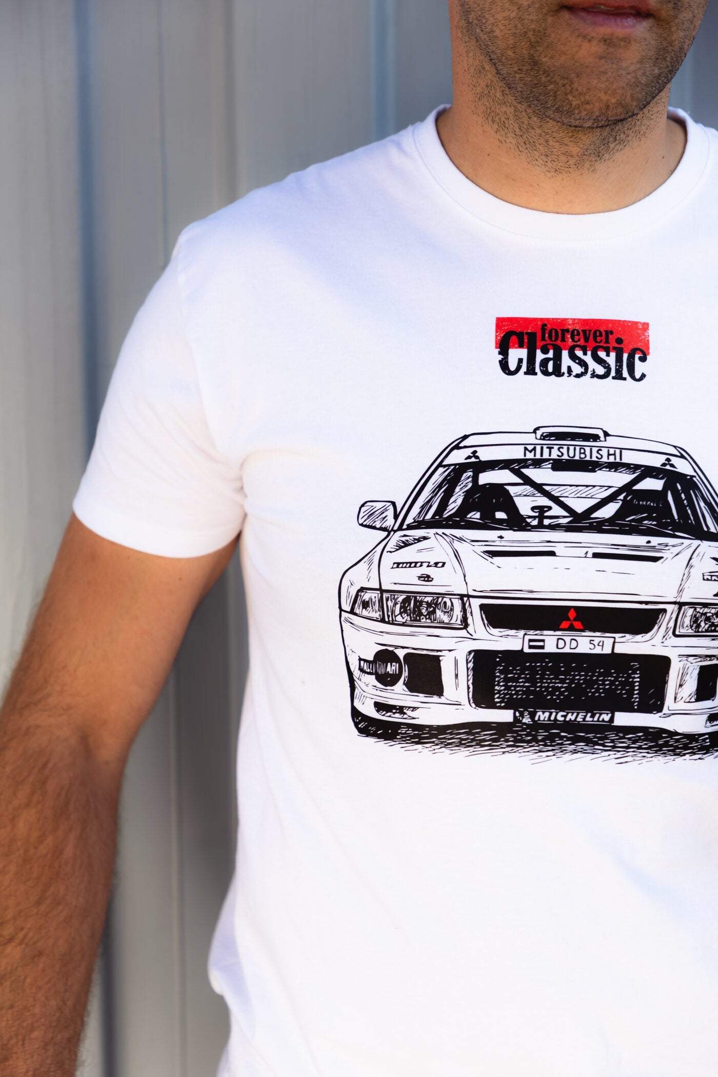 Forever Classic T-shirt with Mitsubishi Evolution rally car design and contrasting motion lines