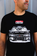 Forever Classic T-shirt with Mitsubishi Evolution rally car and motion lines in contrasting tones