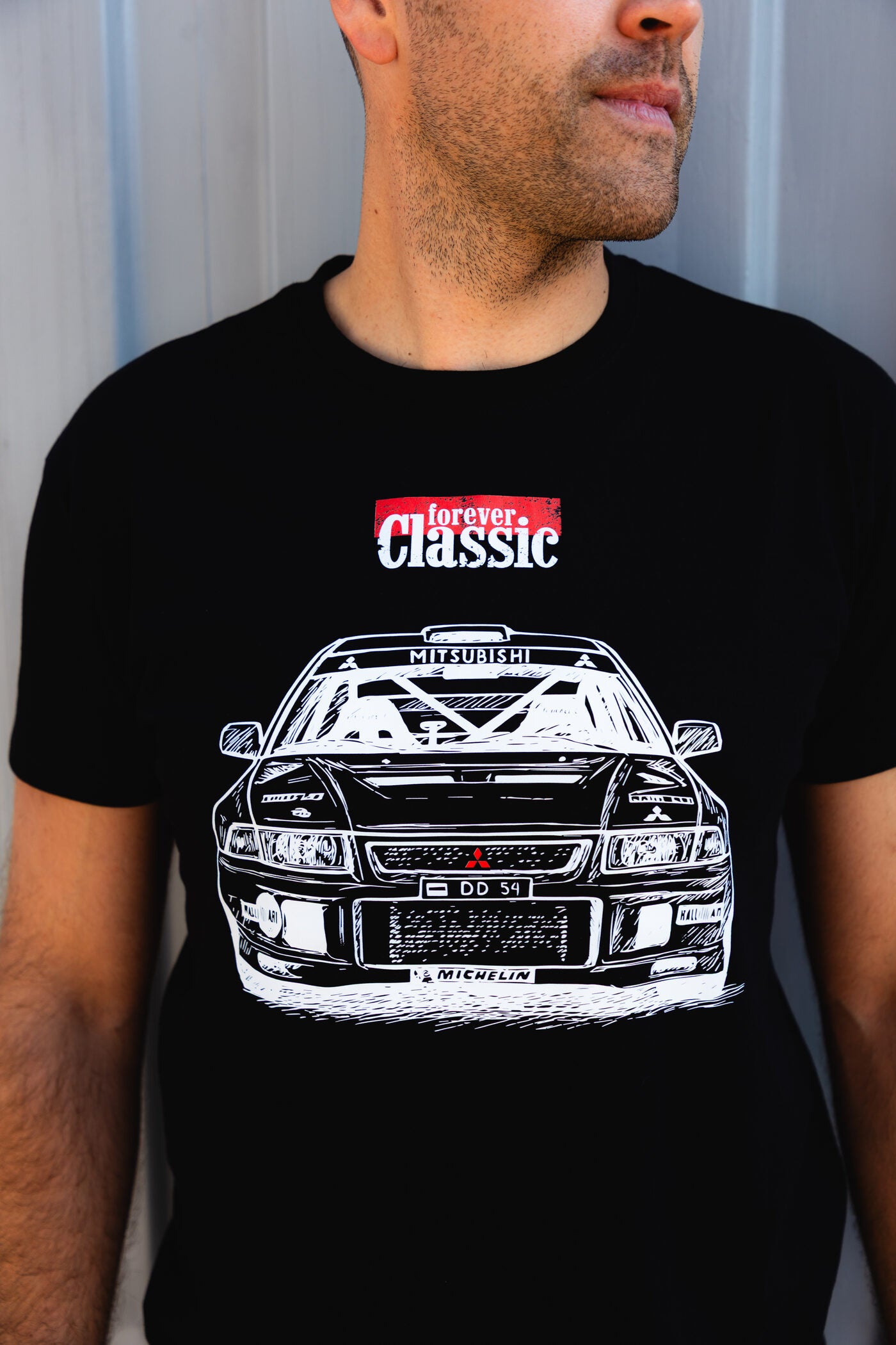 Forever Classic T-shirt with Mitsubishi Evolution rally car and motion lines in contrasting tones