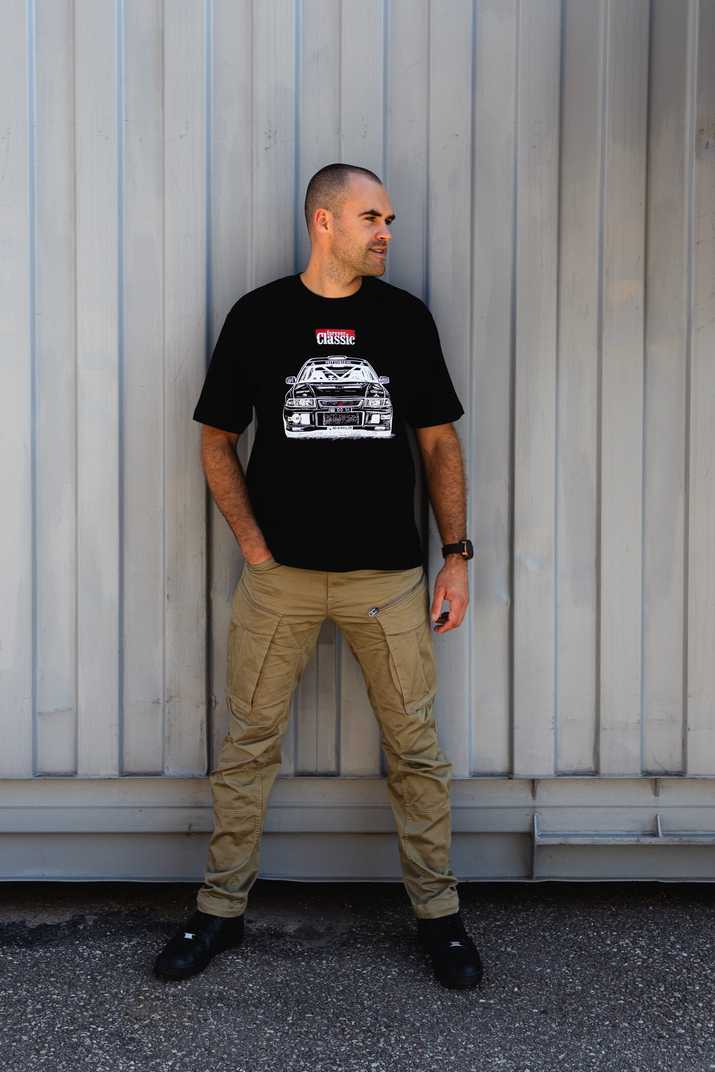 Black oversized Forever Classic T-shirt with Mitsubishi Evolution design, 100% cotton, extended sleeves