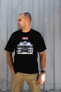 Black oversized Forever Classic T-shirt with Mitsubishi Evolution design, 100% cotton, extended sleeves