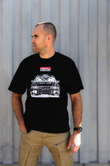 Black oversized Forever Classic T-shirt with Mitsubishi Evolution design, 100% cotton, extended sleeves